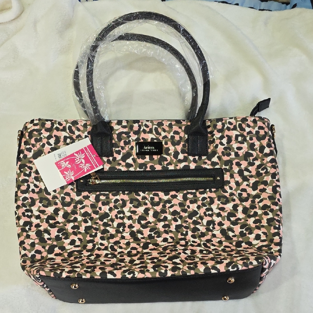 🐆Trina Turk Large Pink Black Green Bag with Leopard / Camo Pattern 🦆